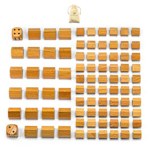 Waldfelsen® Spielfiguren aus Holz: 60 Blanko-Häuser, 22 Blanko-Hotels sowie Zwei Augenwürfel inkl. Stoffbeutel | Blanko-Spielmaterial
