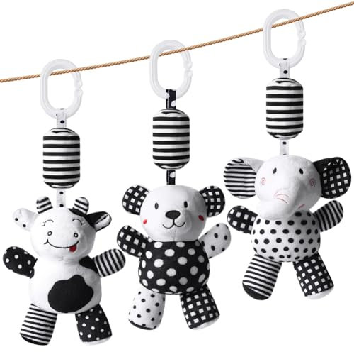 Aolso Kinderwagen Spielzeug, 3Pcs hängendes Rasselspielzeug, schwarz-weißes Spielzeug, Baby-Hängespielzeug, Neugeborenes Autositz-Spielzeug für Jungen und Mädchen (Kleiner Bär/Kalb/Elefant)
