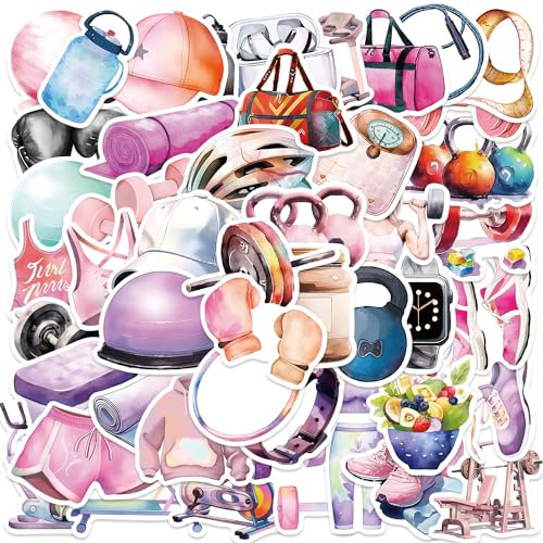 AUCEKO 50 Stück Fitness-Sportgeräte Aufkleber Pack Fitness Sticker Set wasserdichte Vinyl Sticker für Laptop Kinder Autos Motorrad Fahrrad Skateboard Gepäck Koffer Computer Aufkleber Graffiti Decal