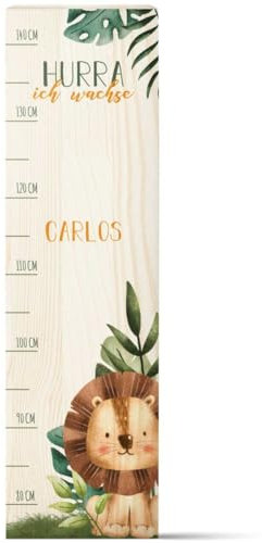 GRAVURZEILE Messlatte für Kinder aus Holz - Tiergruppe Safari - mit Namen für Kinderzimmer - Skala misst 80-140 cm - Größe 20 x 70 x 2 cm - Geschenk zur Geburt für Mädchen & Jungen - Löwe