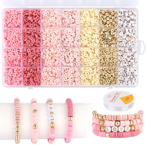 6mm Perlen für Armbänder (mit 1 Rolle Schnur), Ungefähr 2800 Clay Beads, DIY-Handwerk Perlen Set, 7 Farbe Armbänder Selber Machen, Buchstabe Armband Perlen für Schmuck, Halsketten und Paar-Armband