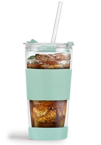 Vialli Design Thermoglasbecher mit Strohhalm 600 ml Mintgrün | Fuori Kollektion | für Kaffee, Tee, Saft | Anti-Rutsch-Beschichtung | moderne und ergonomische Form