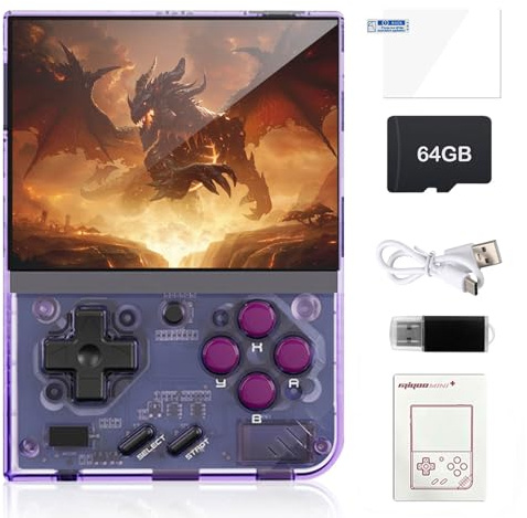 Miyoo Mini Plus Retro Game Console,3.5 Inch IPS Classic System Retro Video Games Consoles,with 64G TF Card,Supports 12000+ Classic Games and Wireless Networt Handheld Console(Purple)