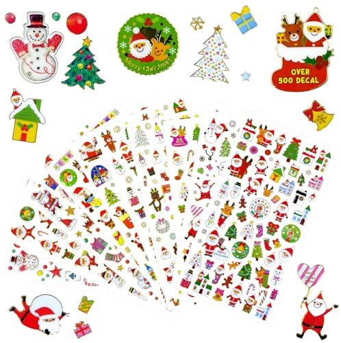 NOCHME Adesivi Natalizie 10 Fogli Oltre 500 Stickers Natale In ​​Pvc Con Bordi Dorati, Adesivi Stikers Natalizi Per Bambini Ragazzi Ragazze Scrapbooking Creazione Di Biglietti Unghie