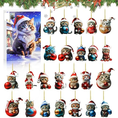 Mini Weihnachtsbaumschmuck Katze Adventskalender 2025 2D Acryl Katzen Christbaumschmuck Advent Calendar Weihnachten Deko 24-Tage Weihnachtsanhänger Dekorationen Auto Ornament Geschenke