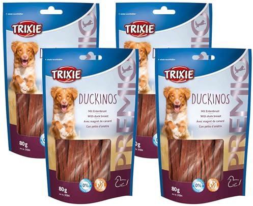 TRIXIE Premio Duckinos, 4er Pack, 80 g, Ente, 340 Gramm, Stück, für Hund und Katze, Alle Altersstufen, Hohe Proteinzufuhr, Ohne Zuckerzusatz, Im wieder verschließbaren Beutel