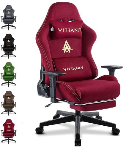 Vittanly Gaming Stuhl, Luxuriöser Wildlederimitat Gaming Chair Bürostuhl, Ergonomischer Schreibtischstuhl mit Fußstütze Kopfstütze und Lendenkissen, 3D Armlehnen, 90-155° Rückenlehne, Weinrot