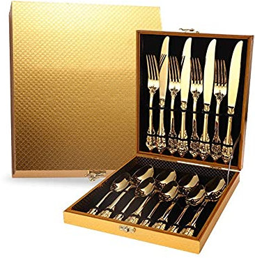 YTDFXZCSW Juego de Cubiertos con Maleta Dorada, Elegante Juego de Cubiertos de Acero Inoxidable Tallado, Cuchillo, Tenedor, Cuchara, Pulido Espejo para Bodas, cumpleaños, restaurantes, hoteles