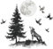 PLIGREAT 2 Blätter Wolf Mond Wandtattoo Peel and Stick Wandaufkleber Schwarz und Weiß Wald Wandkunst Aufkleber für Wohnzimmer Schlafzimmer Sofa Hintergrund Dekor DIY Kreatives Zuhause Wandkunst Dekor