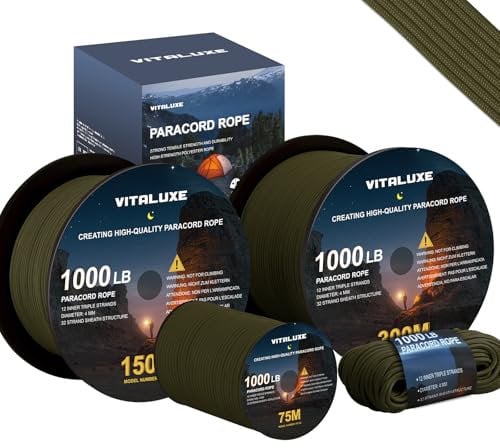 VITALUXE Paracord - Cuerda de paracaídas 1000 LB(453 Kilos), 4 mm, 12 hebras, 30/75/150/300 m, para Camping, Senderismo, Ideal para Bricolaje, Tipo III, 150 m, Verde Militar