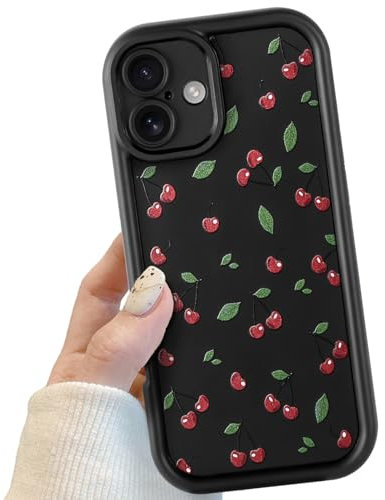 Black Cute Cherry Phone Case for iPhone 16 Plus,Cute Red Cherry Pattern Shockproof Bumper Phone Case for Women Girls, Soft TPU Slim Girly Cute Protective Cover for iPhone 16 Plus