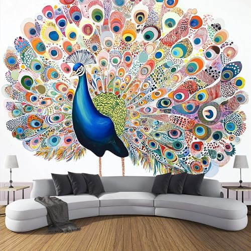 Fototapete 3D Effekt Tapeten Wandbild, Kunst Moderne Art Druck Farbe Pfau Wandtapete, Wohnzimmer Schlafzimmer Küche 250X175Cm (B×H) Tapete Motivtapeten