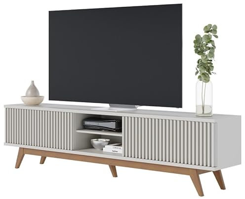 ACTUAL DIFFUSION Meuble TV 75 Pouces Blanc Pieds Bois 4 Portes 8 Niches L 218 H 57 P 40 cm