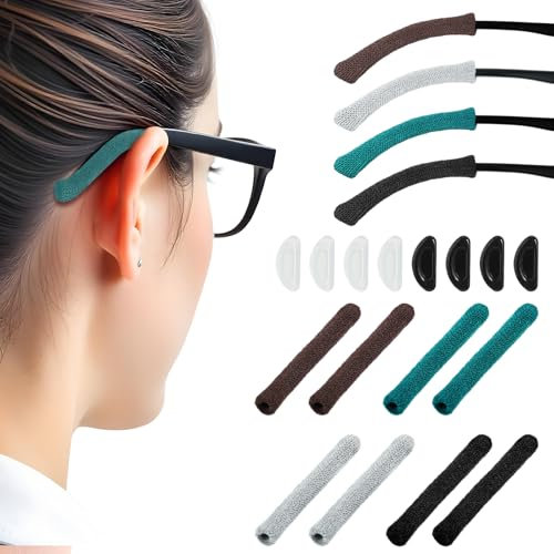Classicseali 8Pairs Glasses Arm Cushion,Glasses Ear Cushions,Soft Knitting Cotton Eyeglass Arm Cushion,Anti-Slip Eyeglasses Temple Tips Sleeve with 8 Eyeglasses Nose Pad (Multicolor)