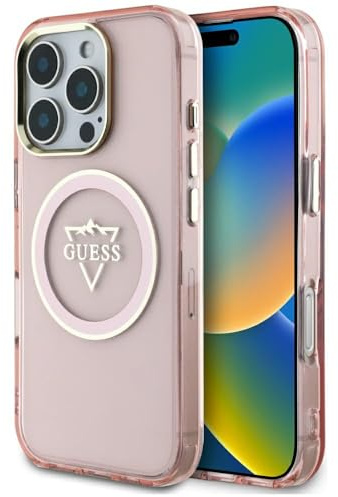CG MOBILE Guess IML Metal Mountain Logo Hülle für iPhone 16 Pro Max kompatibel mit MagSafe (Rosa)