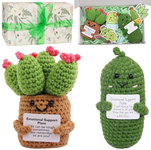 We make hope Emotional Support Plant Gift Kit,Positive Cactus & Pickle with Smile Card and Sticker,Crochet New Job Gifts with Wrapping Paper & Ribbon for Family Friends Encouragement Party Decoration