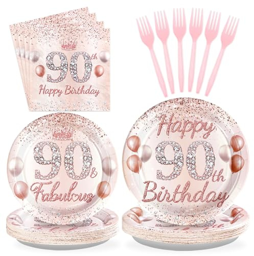 Grencian 96 Pcs 90th Birthday Party Supplies for Women Rose Gold 90 Years Old Paper Plates and Napkins Tableware Set Disposable 90th Birthday Decorations for Ladies Women 90 Years Old Party Serves 24