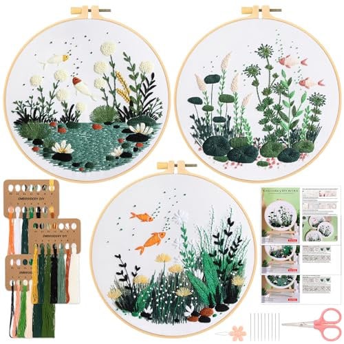 JSRQT 3 Stück Kreuzstich Kit Goldfisch Stickerei Set Embroidery Fisch DIY Handgemachte Cross Stitch für Anfänger Erwachsene Handwerk Sticken Punch Starter Gestempelten Stickset Kunst Geschenk