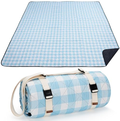 ZORMY Picknickdecke, 200 cm x 200 cm, wasserdichte Outdoor-Decken, waschbare Picknickmatte für Strand, Camping, mit Schultergurt, Blau und Weiß