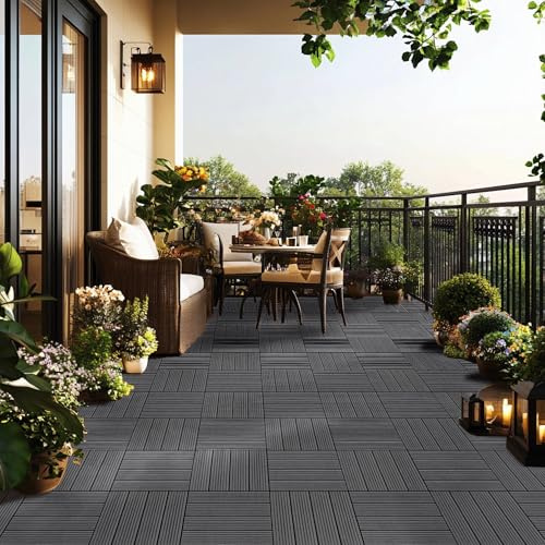 Garden Gear WPC Decking Tiles 30x30cm Interlocking Non-Slip Outdoor Flooring, Fade-Resistant & Weatherproof, Easy to Install, Walnut or Dark Grey (Grey 50)