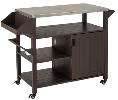 SPOTRAVEL Portable Outdoor Grill Cart, Metal BBQ Trolley Prep Station with Stainless Steel Top, Storage Cabinet, Spice Rack & Shelves, Utility Pizza Oven Table for Picnic Camping Party