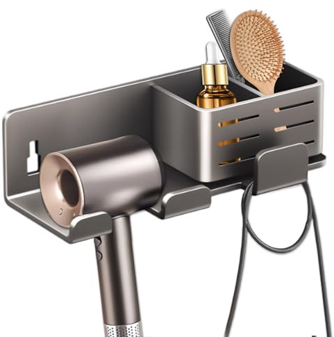 Leesenn Fönhalter Ohne Bohren, Aluminium Föhn Halterung mit Kabelmanagement zur Wandmontage, Haartrocknerhalter für Die Wand, Multifunktional Badorganizer für Bad Barbershop Hotel, Grau
