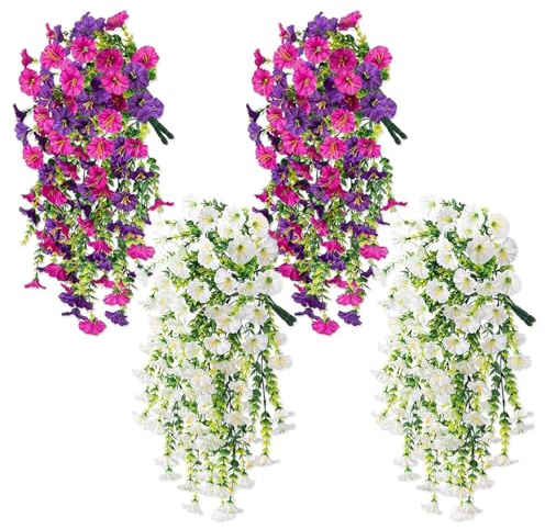 YTSMFL 4 Stück Kunstblume Hängend Petunien Seidenblumen 2 Farben Künstliche Blumen für Draußen Hängepflanze Künstlich Künstliche Petunie Pflanzen Blumen für Draußen Balkon