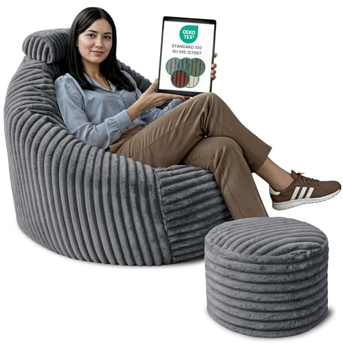 DreamRoots Sitzsack Erwachsene - Sessel Wohnzimmer 92x70x100 cm mit Hocker, Kopfstütze und Aufbewahrungstasche - Bean Bag Chair - Lesesessel Bequem Superweich und flauschig Cord 420 g/m² - Dunkelgrau