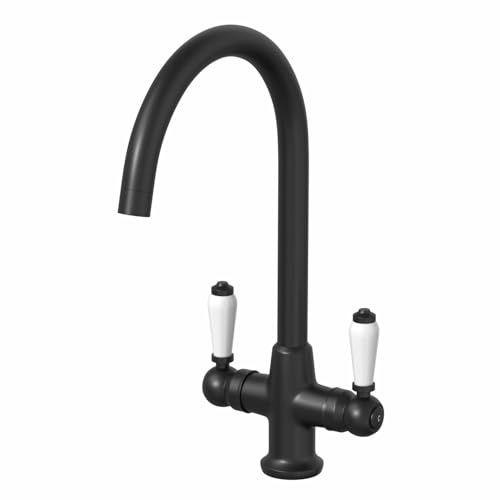 Sauber® Burford Kitchen Sink Mixer Tap Twin Lever Handle Swan Neck Swivel Spout Brass Body for Sinks Taps Faucet Traditional Round, Black