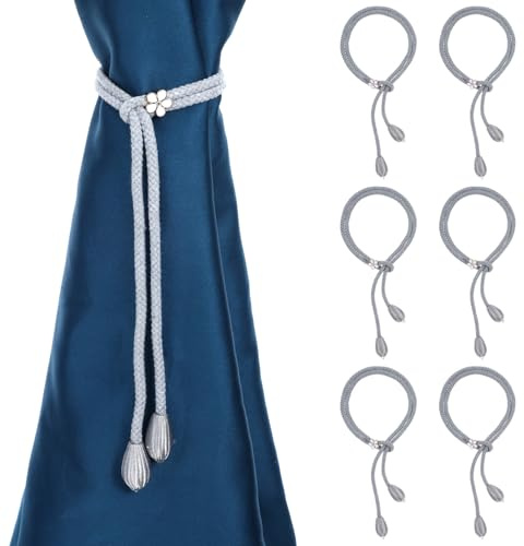 DOPENSPI 6 Stück Raffhalter, Handgestrickte Raffhalter im Boho Stil, Vorhanghalter ohne Bohren mit Seilschnalle für Wohnzimmer, Schlafzimmer, Homeoffice, Fensterdekoration(Grau)