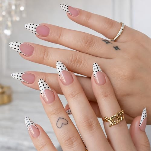 French Tip Press-On Nails, Medium Almond, Polka Dot, Nude Pink, 24-Piece | Glossy Full-Cover Fake Nails, Pre-Designed Pattern For At-Home Manicures, Everyday Wear And Social Occasions
