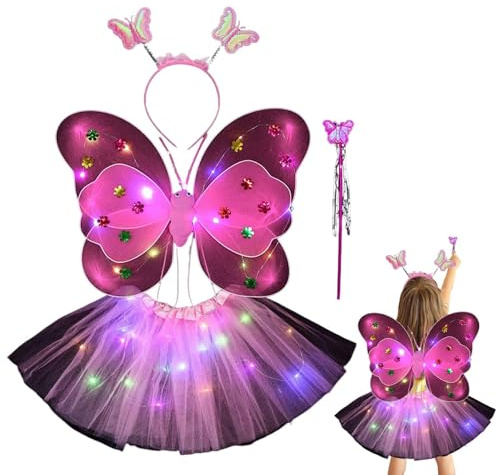 Générique Set di costume da fata per ragazza,Set di costume da fata per ragazza con ali di farfalla - Little Fairy Princess Dress Up Gioco di ruolo di costumi luminosi a LED per ragazze