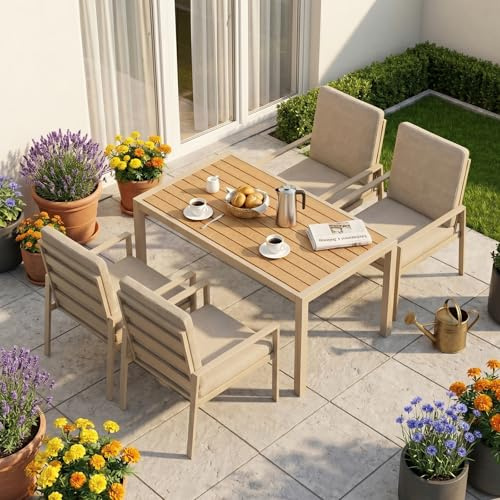 Atenza Gartenmöbel Set 5-teilig wetterfest, Tisch 140x80 cm, 4 Stühle | Rostfreies Aluminiumgestell, WPC-Tischplatte, breite Sitz- und Rückenkissen, Outdoor Essgruppe für Terrasse & Garten