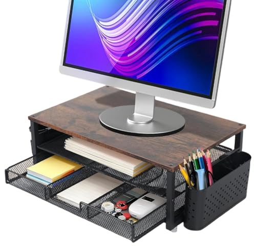 Wapasezyar Support pour moniteur de bureau, organiseur de bureau avec 2 porte-stylos, tiroir, rehausseur de moniteur, support de table ergonomique, accessoires de bureau pour écran et ordinateur