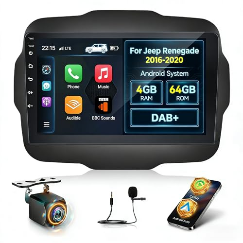 NHOPEEW Qualcomm 8 core 4+64G DAB/DAB+ Autoradio per Jeep Renegade 2016-2020 – Radio da 9 pollici con supporto Carplay e Android Auto, WLAN e GPS, ventola DSP + telecamera posteriore