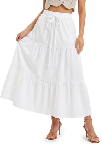 DiULi Long Skirts for Women Tiered Ruffle Design, High Elastic Waist with Decorative Drawstring, Lightweight Flowy A-Line Boho Long Skirt for Summer Beach Vacation, White, L