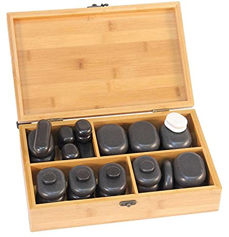 WellTouch Hot Stone Massage Steine Set | 40 Steine inklusive Cold Stones | Heiße Massagesteine aus Basalt | Mit dekorativer Bambuskiste | Wellness Wärme-Behandlung | Massagetherapie