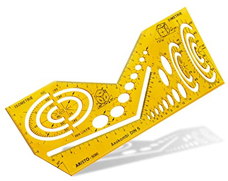 Aristo AR5086 Schablone Axokombi 1 (Zeichnen von räumlichen Darstellungen in dimetrischer und isometrischer Perspektive, Kunststoff) orange-transparent