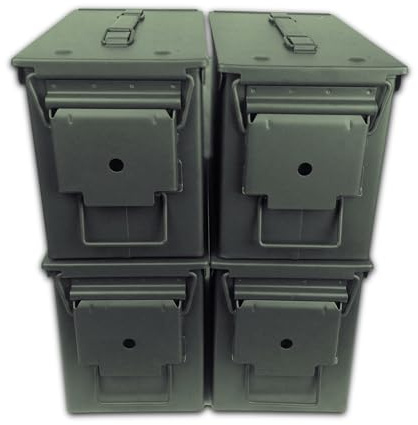 M2A1 50 Cal Ammo Can (11 x 5.5 x 7, Pack of 4) - Empty Ammo Storage Box w/Waterproof Gasket - Olive Drab Green Waterproof Metal Box for Ammunition & Tools - ‎Carbon Steel Ammunition Box