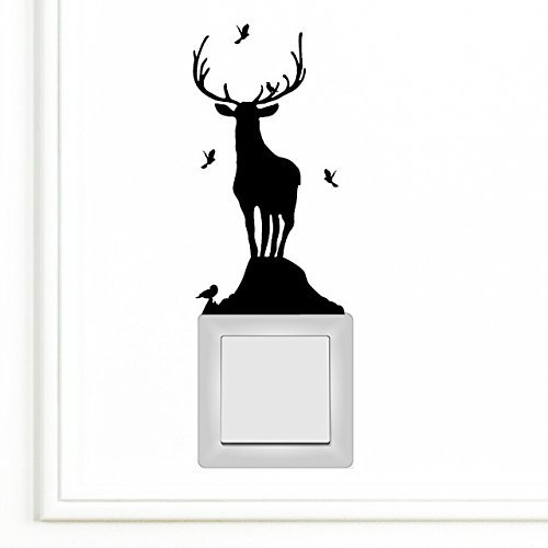 Wandtattoo Loft „Lichtschalter oder Steckdose Hirsch mit Vögel auf einem Berg“ / 49 Farben zur Auswahl/schwarz /