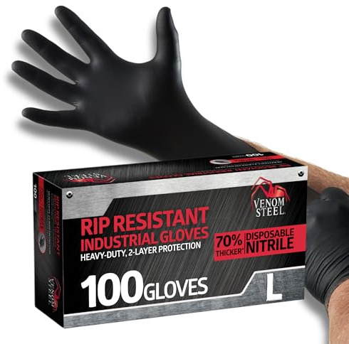 Venom Steel Industrial Nitrile Gloves, Chemical Resistant Disposable Black Gloves, Latex-Free, Powder-Free, Textured Grip, Heavy Duty Two-Layer Protection, 6 mil, Large, 100 Count