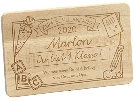 LAUBLUST Frühstücksbrettchen mit Gravur - Personalisiert mit Datum | Name | Widmung - Buche Naturbelassen ca. 24 x 15 x 1 cm, FSC® - 1. Klasse Motiv - Schneidebrett zum Schulanfang
