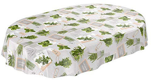 ANRO Tischdecke Wachstuchtischdecke Wachstuch Wachstischdecke pflegeleicht abwaschbar Kräuter Grün Beige Bio Basilikum Oval 140 x 180cm eingefasst