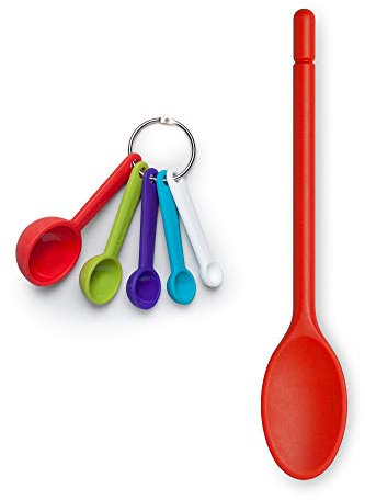 Zeal JSET13R Non-Stick Silicone Cooks Spoon & Measuring Spoon 2-Piece Set, Red/Bright Mix