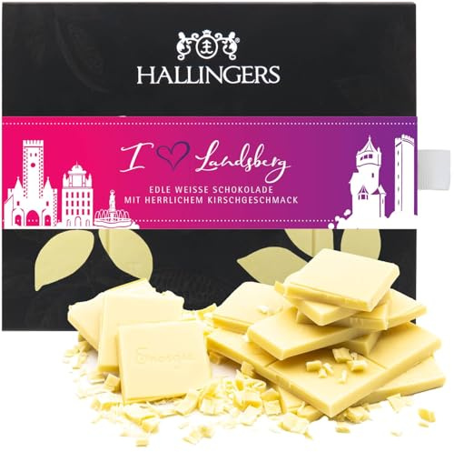 Hallingers Genuss Manufaktur Weiße Schokolade Geschenk - Tafel aus handgeschöpftem Edelkakao ohne Alkohol edler Karton I love Landsber... Kirsche, Geschenkidee für Frauen Männer