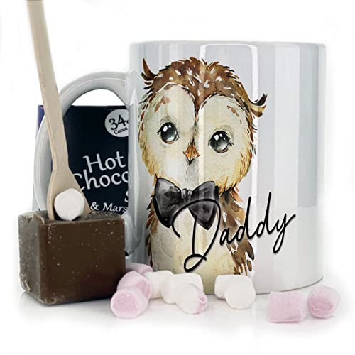 Hairyworm Personalised Mug and Belgian Milk Chocolate/Hot Chocolate Stirrer Marshmallow Gift Set, Customised with Name and Text, (11oz) White, Yellow, Blue, Black, Pink Mug with Owl Glasses Design