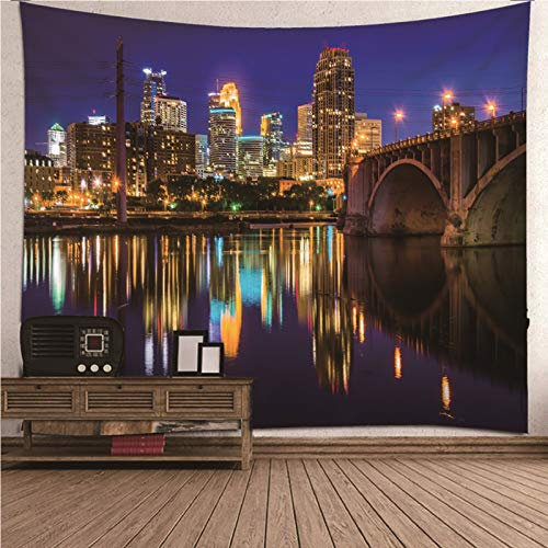 Daesar Wandteppich Hippie, Wandbehang Wohnzimmer Nacht Thema Brücke Stadt Landschaft Tapisserie Psychedelisch 200x200CM Tapisserie Tuch Polyester