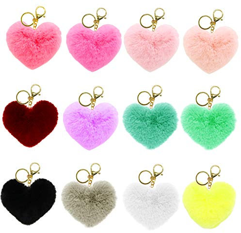 DOITEM Lot de 12 Porte-Clés en Forme de Cœur avec Pompons - pour Filles et Femmes