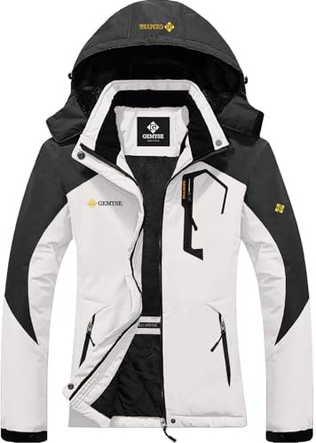 GEMYSE Damen Wasserdichte Berg-Skijacke Winddichte Skijacke Fleece Outdoor-Winterjacke mit Kapuze (Weiß Dunkelgrau,L)