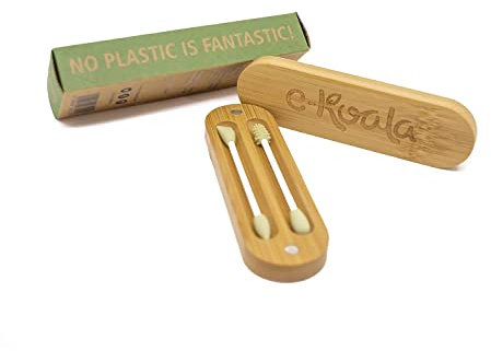 Bastoncillos reutilizables | Kit de 2 Bastoncillos ecológicos verdes con 4 puntas diferentes de la marca e-koala | Bastoncillo oidos de silicona| Caja de bambú orgánico | Residuo Cero